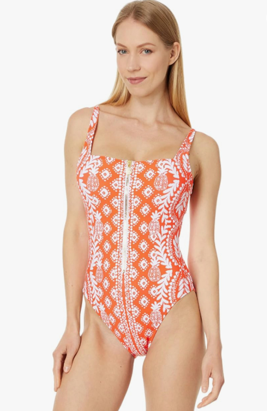 LILLY PULITZER Womens Emil One Piece Swimsuit Size 14 Orange Flamingo NWT